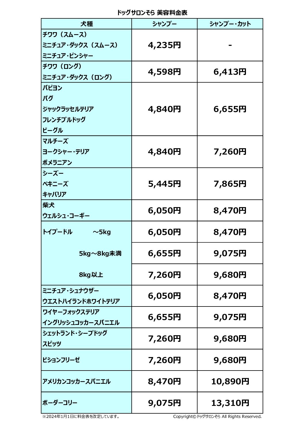 そら料金表（美容）